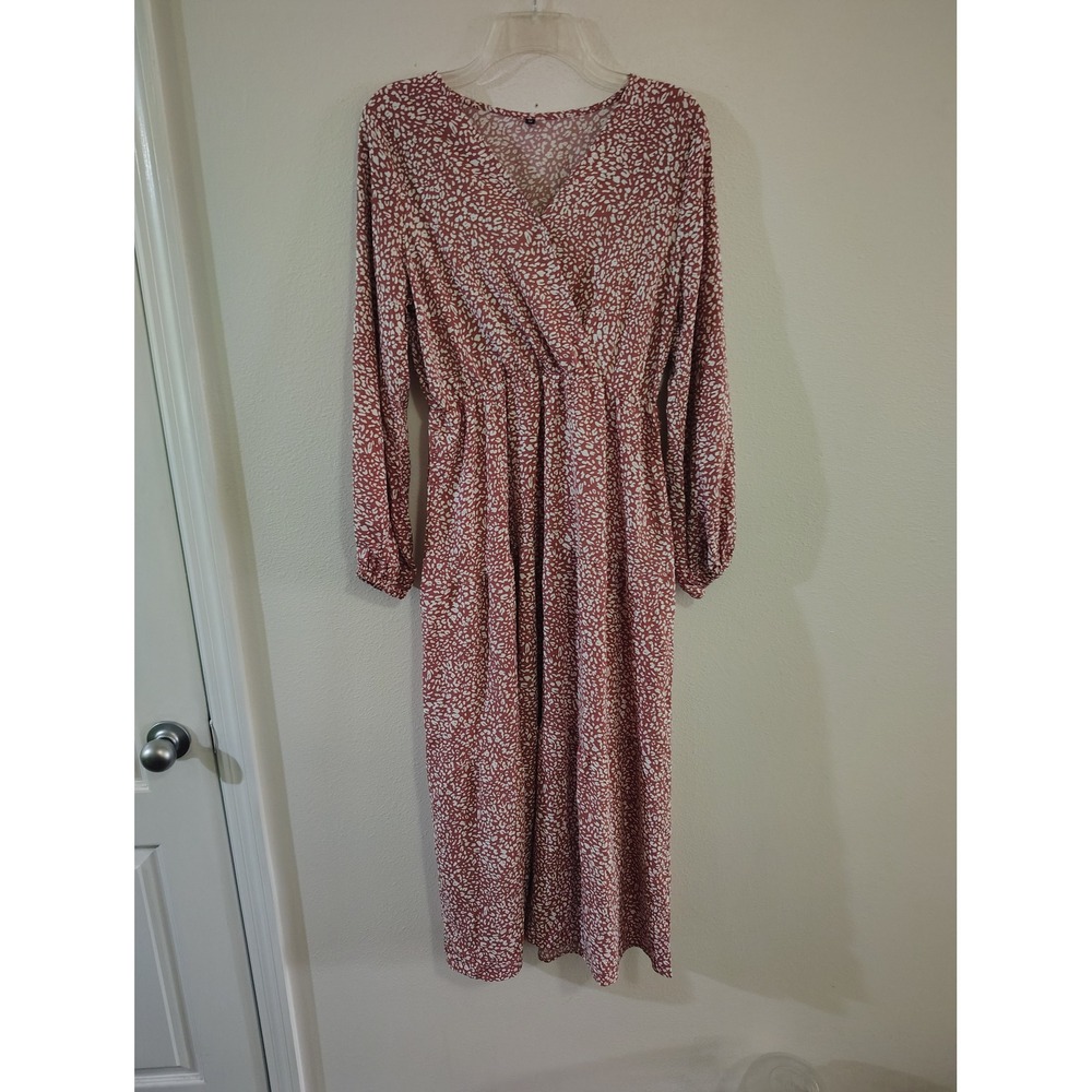 Womens Terracotta Red White Animal Print Long Sleeve V-Neck Maxi Dress Medium